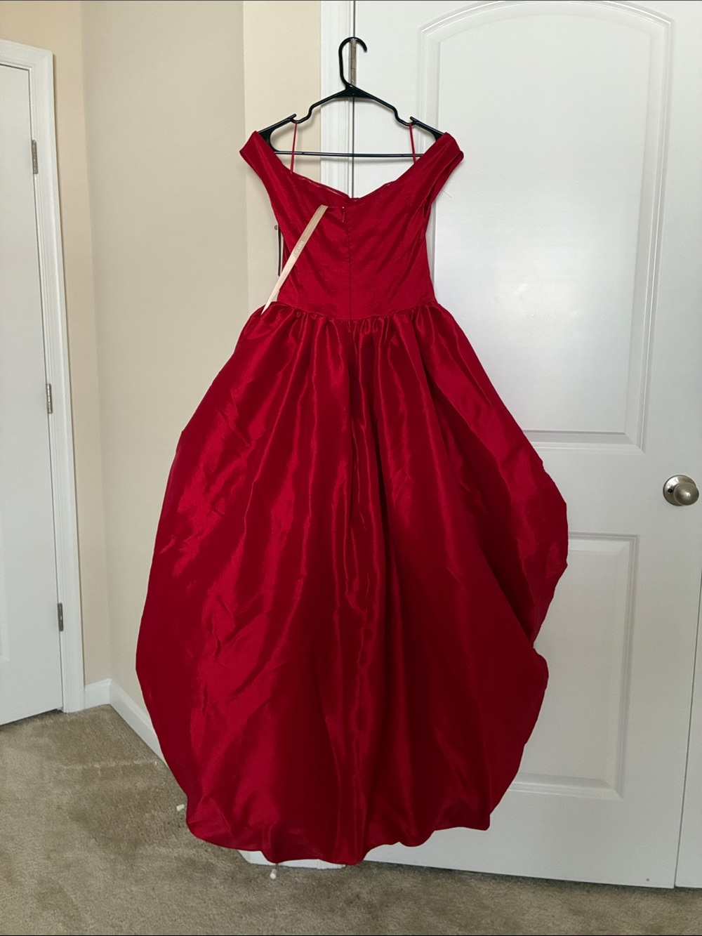 Meshki Red Off-Shoulder High-Low Ball Skirt; Meshki Amelia Bubble Maxi Dress - Picture 4 of 7